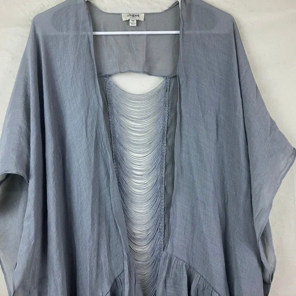 Umgee Kimono Wrap Womens S/M Blue Gray Fringe Back Ruffle Boho Festival Beach - Picture 5 of 7